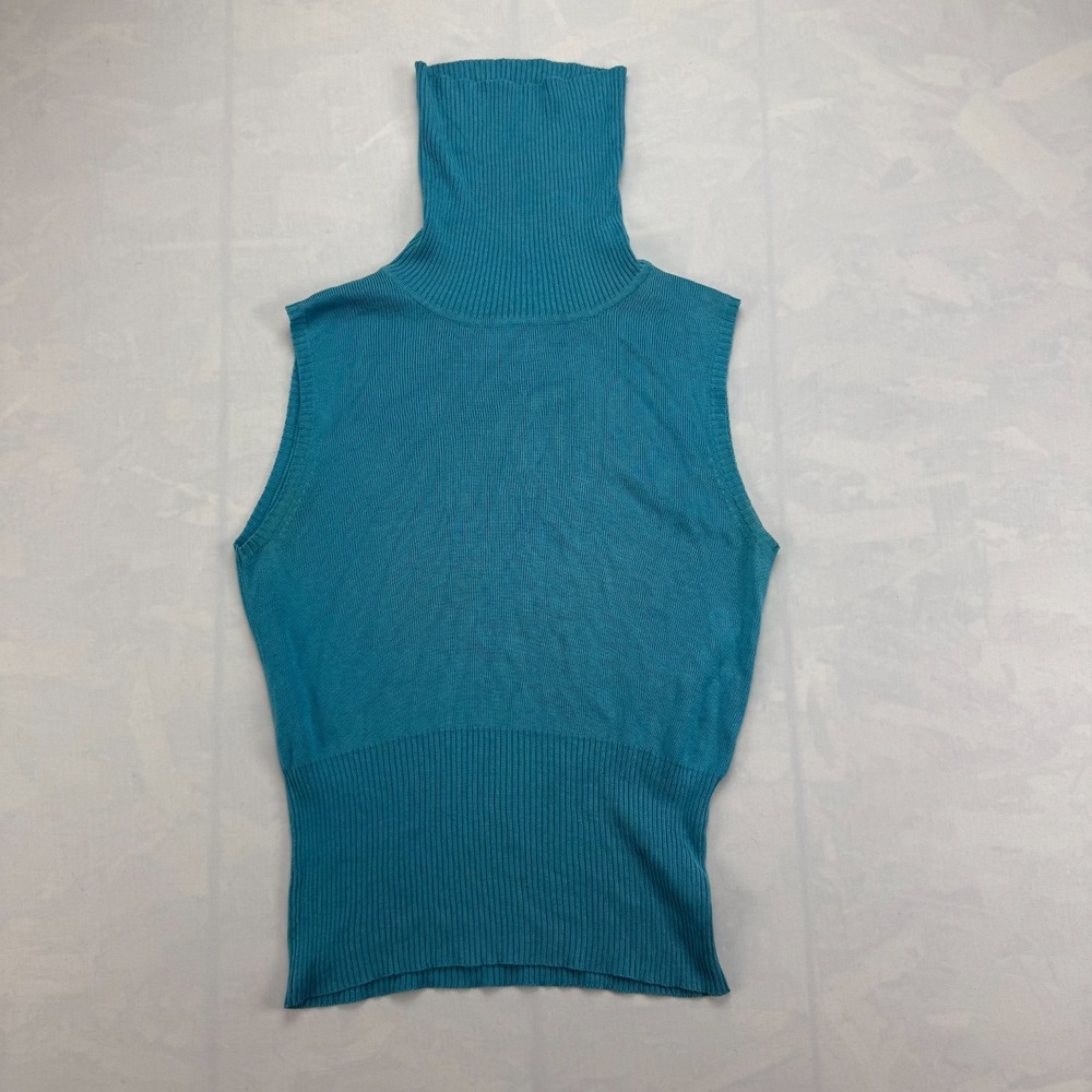 Vtg Harold's Silk Sweater Women's Medium Aqua Ribbed Knit Sleeveless Turtleneck